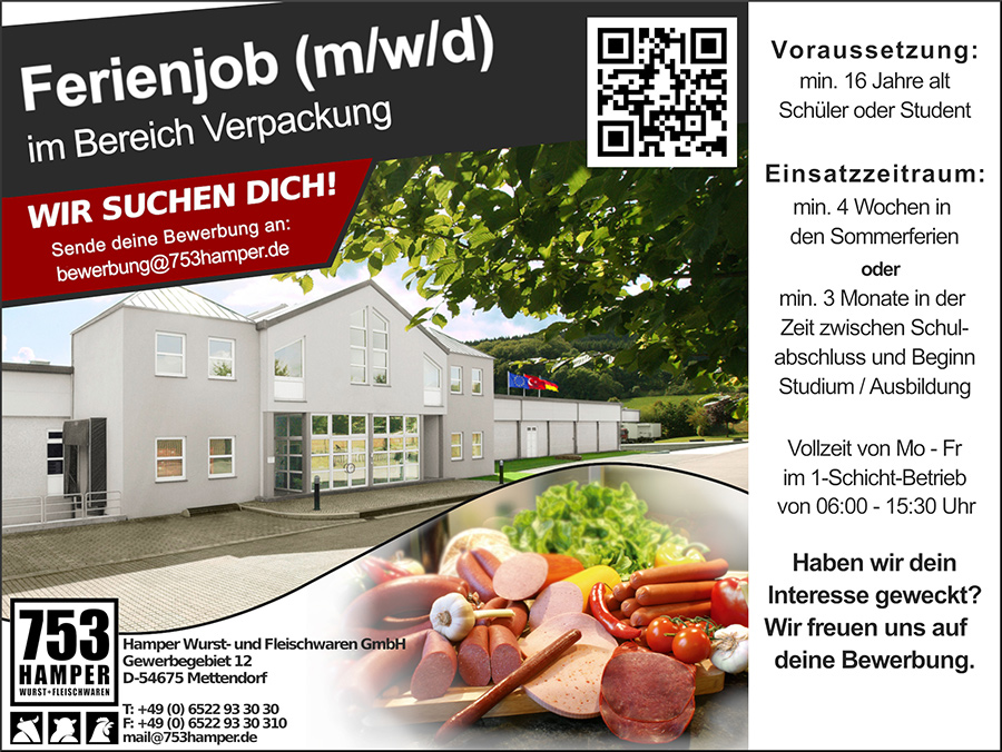 Wir suchen dich! Ferienjob (m/w/d) im Bereich Verpackung | 753 Hamper Mettendorf - Qualitätsproduzent für Rind-, Lamm- und Geflügelfleischwaren